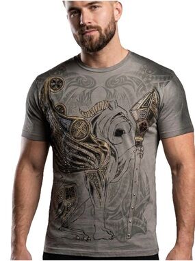 Konquest Griffin King Swarovski Studded Men Grey Shirt Sleeve Shirt Size Medium